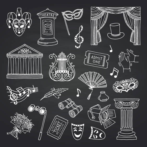 ilustraciones, imágenes clip art, dibujos animados e iconos de stock de conjunto de vector de elementos de teatro garabato en ilustración de pizarra negra - sketch decor drawing architectural feature