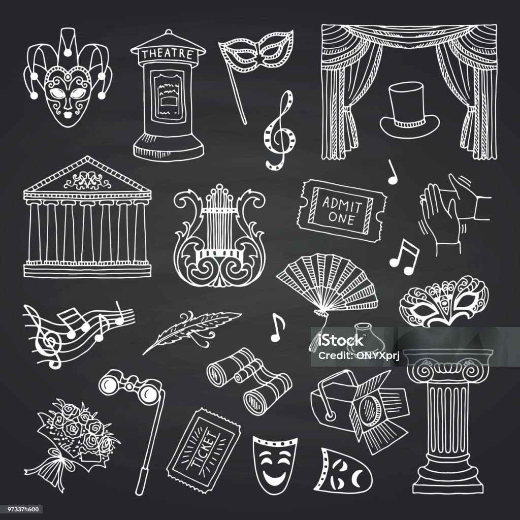 Vector set of doodle theatre elements on black chalkboard illustration Vector set of doodle theatre elements on black chalkboard illustration. Entertainment show and acting, play drama, ticket to opera blackboard Theatrical Performance stock vector