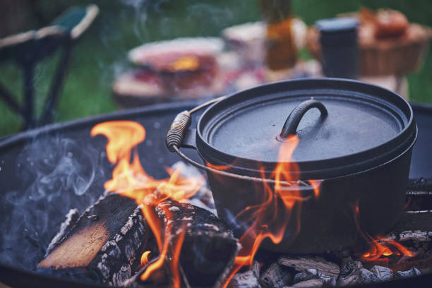 chili con carne dans le faitout de cuisson sur logfire - cocotte photos et images de collection
