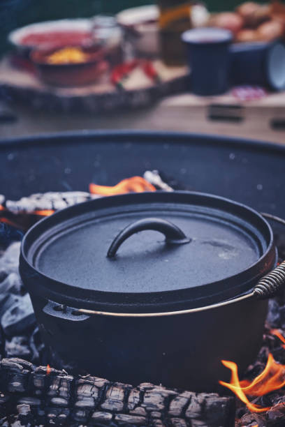istock Cooking Chili Con Carne in Dutch Oven over Logfire 973374892