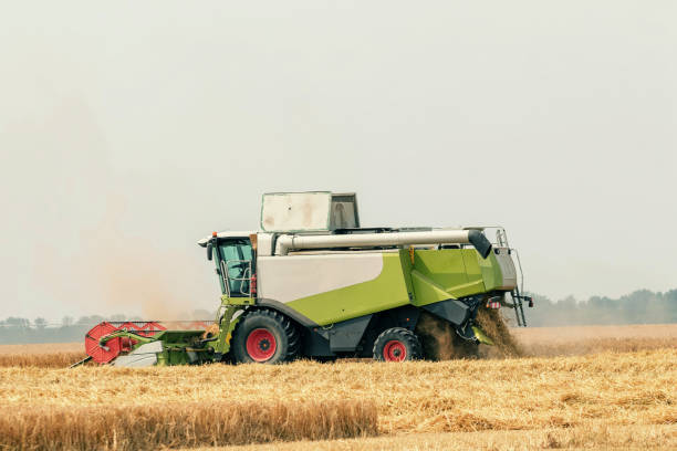 istock Combine harvester working on a wheat field. Harvesting wheat. 973377514