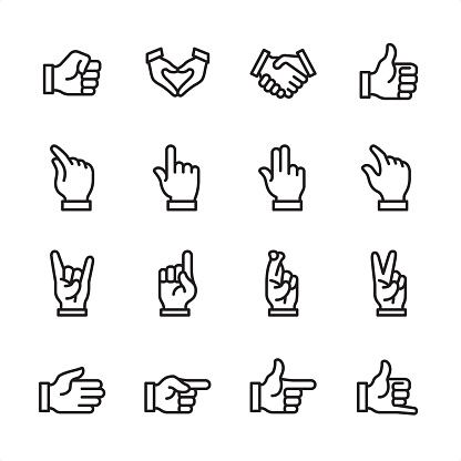 16 line black on white icons / Set #53
Pixel Perfect Principle - all the icons are designed in 48x48pх square, outline stroke 2px.

First row of outline icons contains: 
Fist icon, Hands Cupped in Heart Shape, Handshake, Thumbs Up;

Second row contains: 
Zoom In, Pointer Stick, Two Fingers Touching, Zoom Out;

Third row contains: 
Horn Sign, Index Finger, Fingers Crossed, Rabbit Ears Gesture; 

Fourth row contains: 
High-Five, Directing Gesture, Gun Sign, Call me Gesture.

Complete Inlinico collection - https://www.istockphoto.com/collaboration/boards/2MS6Qck-_UuiVTh288h3fQ