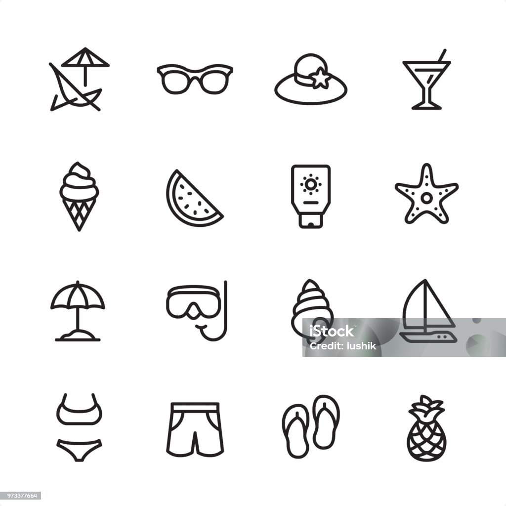 Summer Beach - outline icon set 16 line black on white icons / Summer Beach/ Set #51
Pixel Perfect Principle - all the icons are designed in 48x48pх square, outline stroke 2px.

First row of outline icons contains: 
Deck Chair, Sunglasses, Beach Hat, Martini Glass;

Second row contains: 
Ice Cream Cone, Watermelon, Suntan Lotion, Starfish;

Third row contains: 
Beach Parasol, Snorkeling, Conch Shell, Sailboat; 

Fourth row contains: 
Bikini, Swimming Trunks, Flip-flop, Pineapple.

Complete Inlinico collection - https://www.istockphoto.com/collaboration/boards/2MS6Qck-_UuiVTh288h3fQ Icon Symbol stock vector