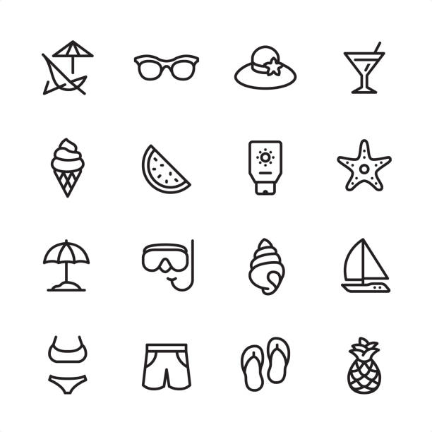 Summer Beach - outline icon set 16 line black on white icons / Summer Beach/ Set #51
Pixel Perfect Principle - all the icons are designed in 48x48pх square, outline stroke 2px.

First row of outline icons contains: 
Deck Chair, Sunglasses, Beach Hat, Martini Glass;

Second row contains: 
Ice Cream Cone, Watermelon, Suntan Lotion, Starfish;

Third row contains: 
Beach Parasol, Snorkeling, Conch Shell, Sailboat; 

Fourth row contains: 
Bikini, Swimming Trunks, Flip-flop, Pineapple.

Complete Inlinico collection - https://www.istockphoto.com/collaboration/boards/2MS6Qck-_UuiVTh288h3fQ bathing suit stock illustrations