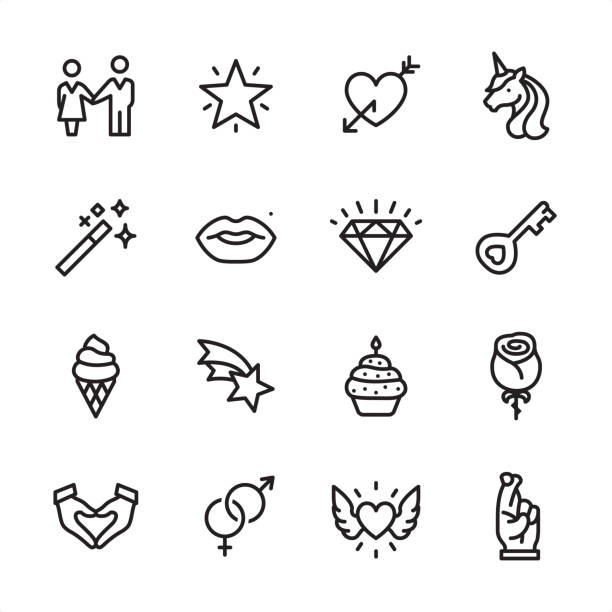 Love & Miracle - outline icon set 16 line black on white icons / Set #54
Pixel Perfect Principle - all the icons are designed in 48x48pх square, outline stroke 2px.

First row of outline icons contains: 
Couple holding hands, Sparkling Star, Heart with Arrow, Unicorn icon;

Second row contains: 
Magic Wand, Human Lips, Diamond-Gemstone, Key;

Third row contains: 
Ice Cream Cone, Falling Star, Candle in Cupcake, Rose-Flower; 

Fourth row contains: 
Hands cupped in Heart Shape, Male and Female sex symbols, Flying Heart (Wings and Heart), Fingers Crossed.

Complete Inlinico collection - https://www.istockphoto.com/collaboration/boards/2MS6Qck-_UuiVTh288h3fQ fingers crossed illustrations stock illustrations