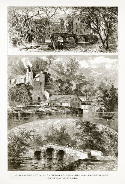 istock Old Bridge and Mill, Rolling Mill, Burnside Bridge, Antietam near Harper’s Ferry, West Virginia, Maryland, Virginia, United States, American Victorian Engraving, 1872 973378380