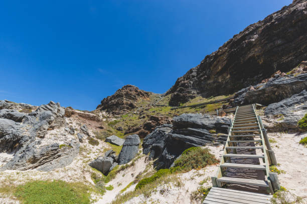 Walkway down to Diaz Beach with a perfect blue sky stock photo