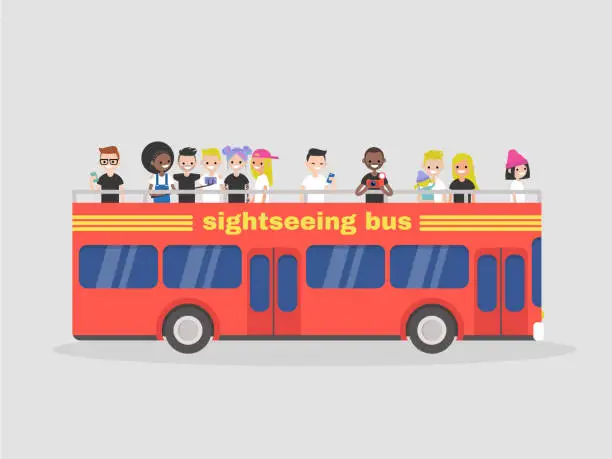 Vector illustration of Red double decker. Sightseeing tour. Big city. Tourists. Side view bus. Flat editable vector illustration, clip art