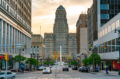BUFFALO, NY - MAY 15, 2018: Looking down Court Street towards the Buffalo City Building and McKinley Monument in downtown Buffalo, New York