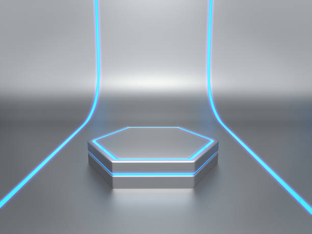 istock Pedestal for display,Platform for design,Blank product stand with light glow,Futuristic background 973388496