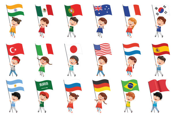 ilustraciones, imágenes clip art, dibujos animados e iconos de stock de ilustración de vector de los niños sosteniendo las banderas - spain flag spanish flag national flag