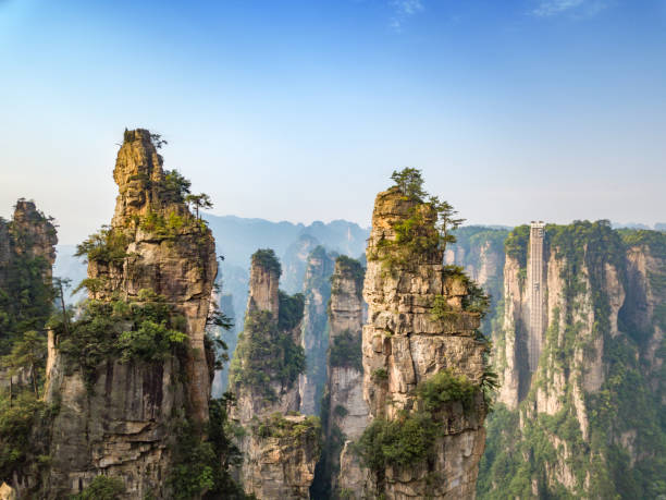 drone view over avatar mountains drone view over avatar mountains in in china zhangjiajie photos stock pictures, royalty-free photos & images