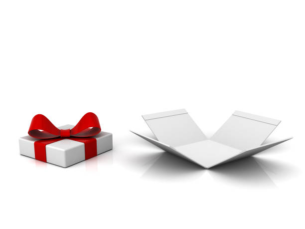 istock Open gift box present box with red ribbon and bow isolated on white background with shadow and reflection 3D rendering 973415452