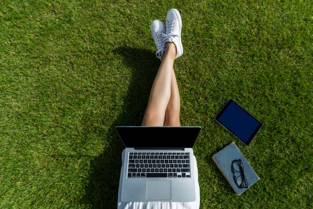Top view of woman sitting in park on the green grass with laptop Top view of woman sitting in park on the green grass with laptop box office photos stock pictures, royalty-free photos & images