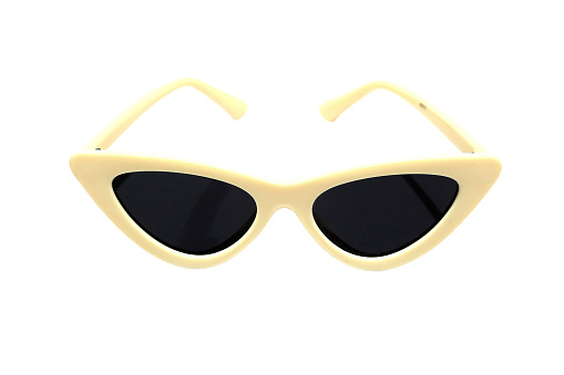 Sunglasses in the shape of cat eye, women's fashion on  white background.