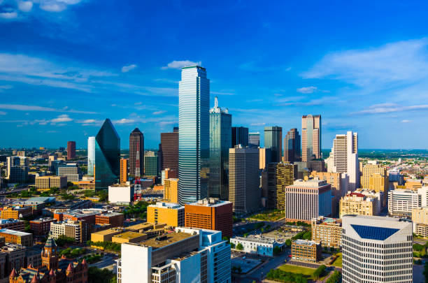 istock Dallas Skyline Aerial, Wide Angle With Blue Sky And Clouds 973431682