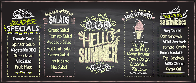 Summer menu chalkboard design concept, set of hand drawn summer seasonal menu boards, copy space for tex