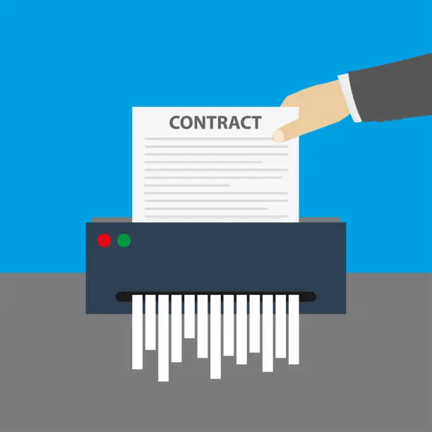 Vector illustration of hand inserts the contract document into the paper shredder,