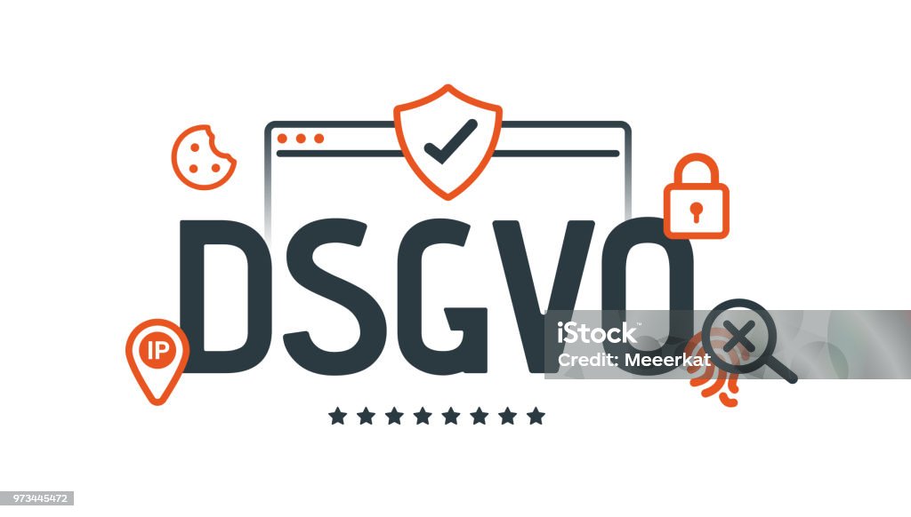 General Data Protection Regulation. Digital and internet symbols in front of DSGVO letters. GDPR, RGPD, DSGVO. Concept vector illustration. Flat style. Horizontal DSGVO - GDPR concept illustration. General Data Protection Regulation. The protection of personal data, isolated on white background. Computer stock vector
