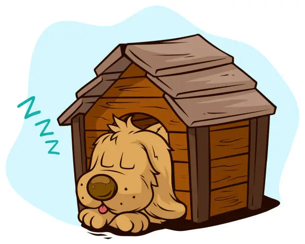 Vector illustration of Cartoon cute sleeping dog in wooden kennel