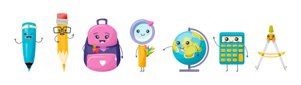 Set of various cute school and work tools and stationery Set of various cute school and work tools and stationery. Funny, funny set: marker, pencil with eraser, backpack, magnifier, globe earth, calculator, compasses. Vector illustration backpack illustrations stock illustrations