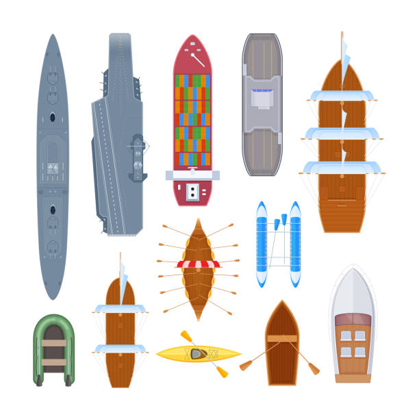 Set of different modern warship, boat, ferry, marine transport Water transport set of different modern warship, ferry, marine transport. Shipping boat with military training ground. Top view sea ship and shipping boat, marine object. Vector illustration. ferry passenger stock illustrations
