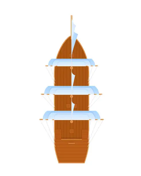 Vector illustration of Multi-vaulted ancient wooden ship. Sea transport, for transportation on water