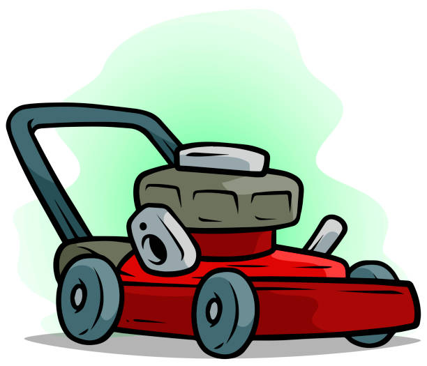 Cartoon red lawn mower on green background Cartoon red lawn mower on green background. Vector icon lawn mower clip art stock illustrations