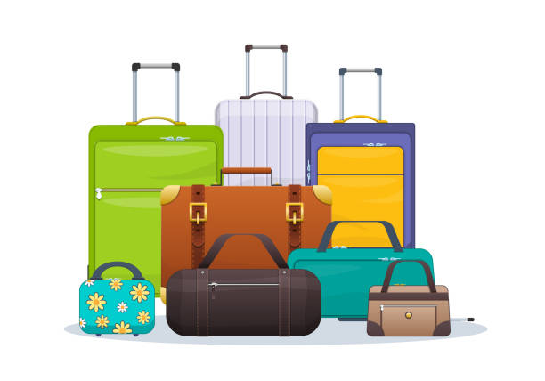istock Set plastic, metal, leather suitcases and bags in to road 973449716