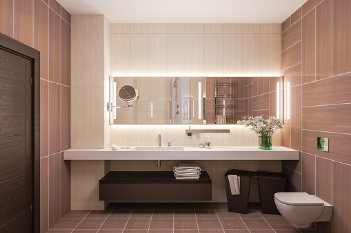 Interior design of a modern bathroom with a large mirror. 3d illustration in warm colors. 3d render in high resolution for printing.