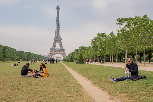 Paris / France - May 15, 2018: People enjoy the day with a cute dog and a picnic in the Champs du Mars park, in front of the famous, iconic Eiffel Tower.