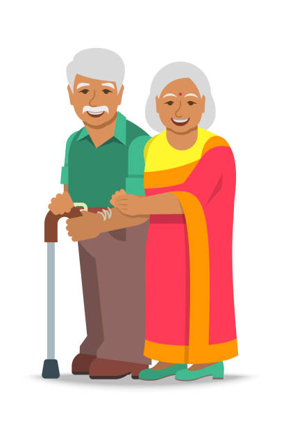 ilustrações de stock, clip art, desenhos animados e ícones de old couple indian man and woman standing together - old men asian ethnicity indian culture