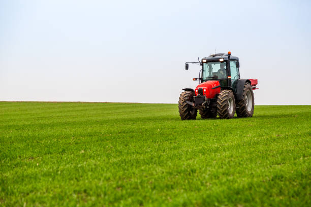 istock Farmer in tractor fertilizing wheat field at spring with npk 973477432