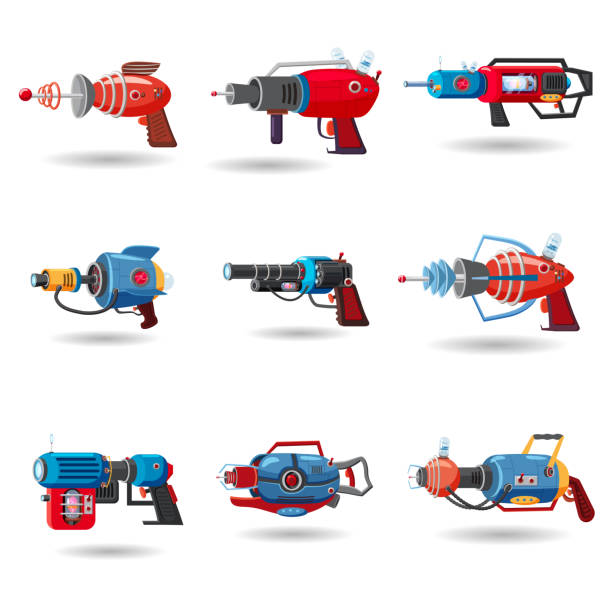 ilustrações, clipart, desenhos animados e ícones de conjunto dos desenhos animados retrorreflectores espaço blaster, arma, arma laser. ilustração em vetor. estilo dos desenhos animados - laser gun shooting space laser