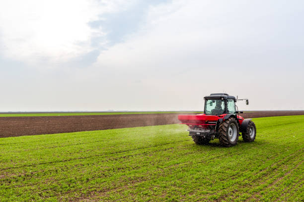istock Farmer in tractor fertilizing wheat field at spring with npk 973478424
