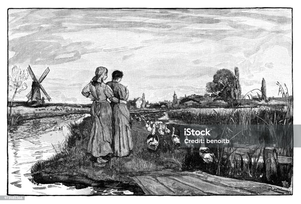 Women walking the ducks by the marsh Women walking the ducks by the marsh - Scanned 1884 Engraving England stock illustration