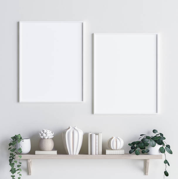 Mock up poster frame in interior background with decor on shelf