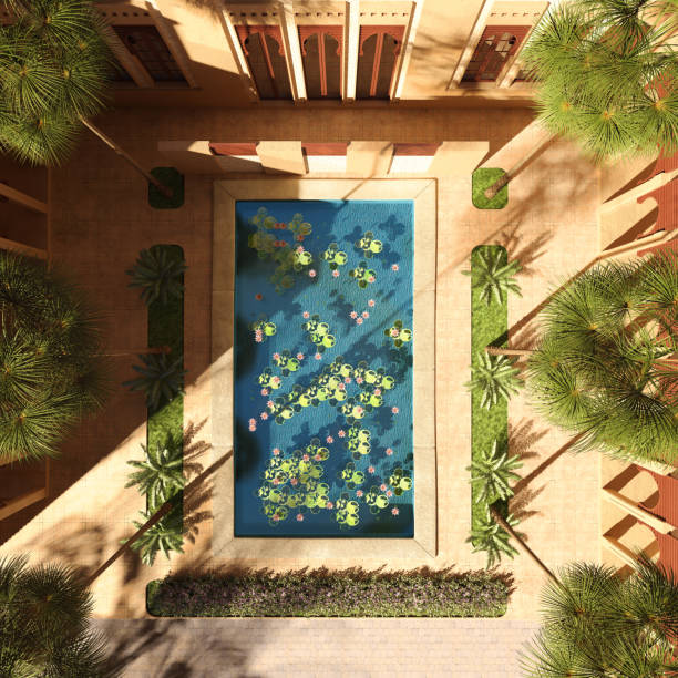 istock Pool with lilies in luxury palace, top view 973488170