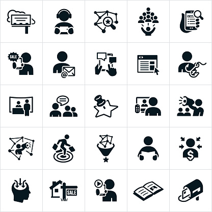 Icons related to the advertising industry. The icons include a billboard, media, social media, internet search, sale, mobile advertising, email, web banners, trade show, word of mouth, targeting, target, television, bullhorn, shopper, consumer, customer, print, magazine, direct mail and other forms of advertising.