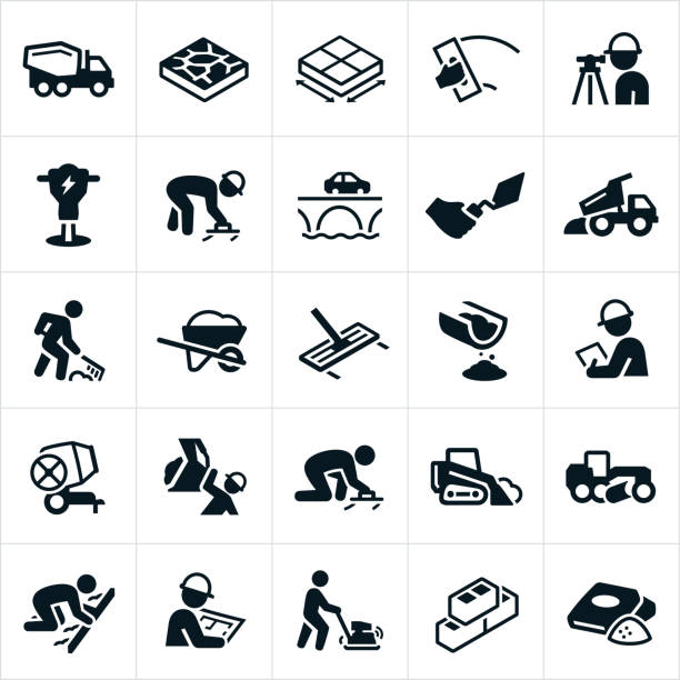 Concrete Icons A set of icons related to the concrete construction industry. The icons include concrete, cement, construction, cement truck, concrete slab, hand trowel, surveyor, jack hammer, worker, working, bridge, dump truck, heavy equipment, wheelbarrow, cement tools, work tools, cement mixer, skid loader, screeding, compactor and cinderblocks to name a few. concrete symbols stock illustrations