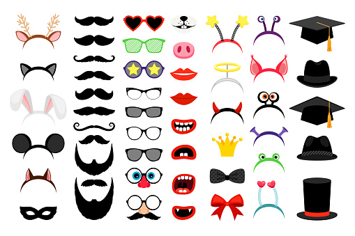 Photobooth party elements. Vector funny face masks and clown nose and glasses, vintage party hats and birthday costume bunny ears isolated on white background
