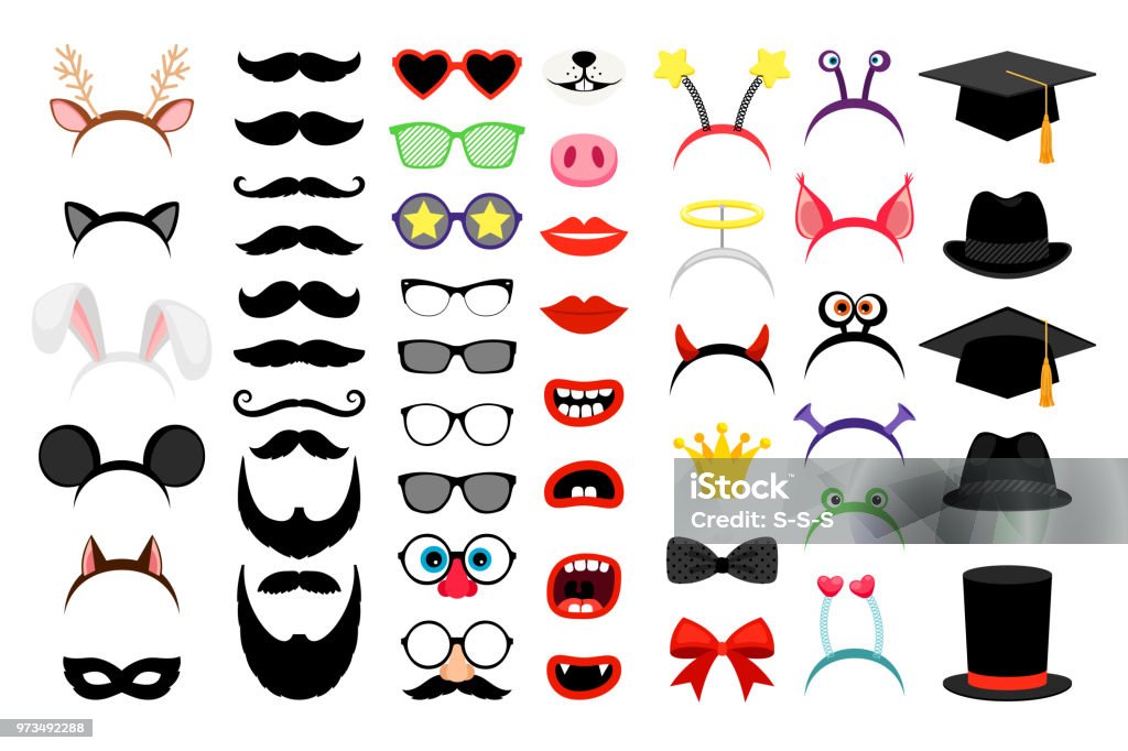Photobooth party funny elements Photobooth party elements. Vector funny face masks and clown nose and glasses, vintage party hats and birthday costume bunny ears isolated on white background Cartoon stock vector