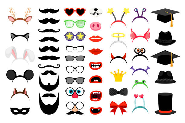 Photobooth party funny elements Photobooth party elements. Vector funny face masks and clown nose and glasses, vintage party hats and birthday costume bunny ears isolated on white background hat illustrations stock illustrations
