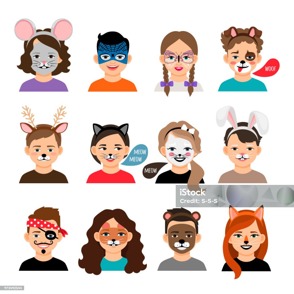 Face painting kids Face painting kids. Children with painting faces vector illustration, facing paintings like fox, tiger and cat masks makeup Make-Up stock vector