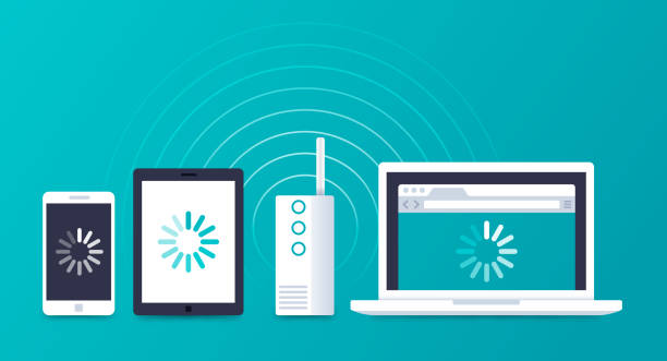 WIFI Devices Connecting Internet Server and computing power data stack. router vector stock illustrations