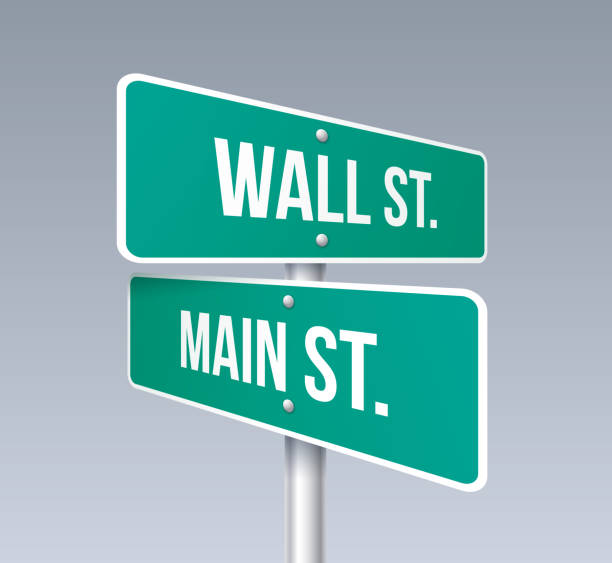 Wall Street and Main Street Wall street and main street crossroads sign. crossroads sign illustrations stock illustrations