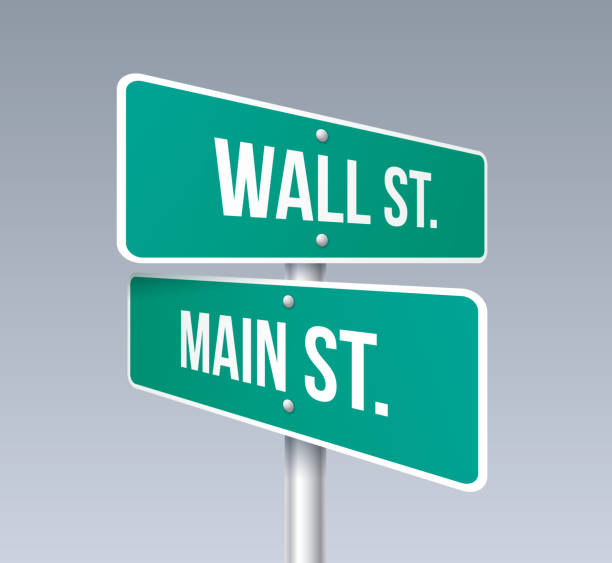 Wall Street and Main Street Wall street and main street crossroads sign. road sign ahead stock illustrations
