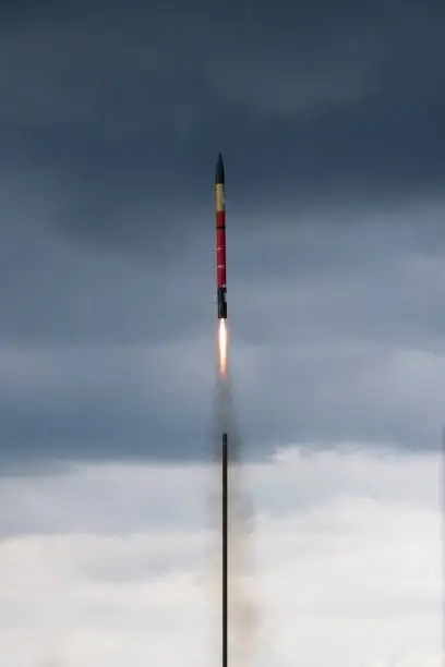 Photo of Liftoff of a student built liquid fueled rocket