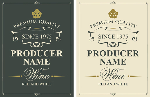 Set of two vector wine labels with vine leaves and calligraphic inscriptions in retro style