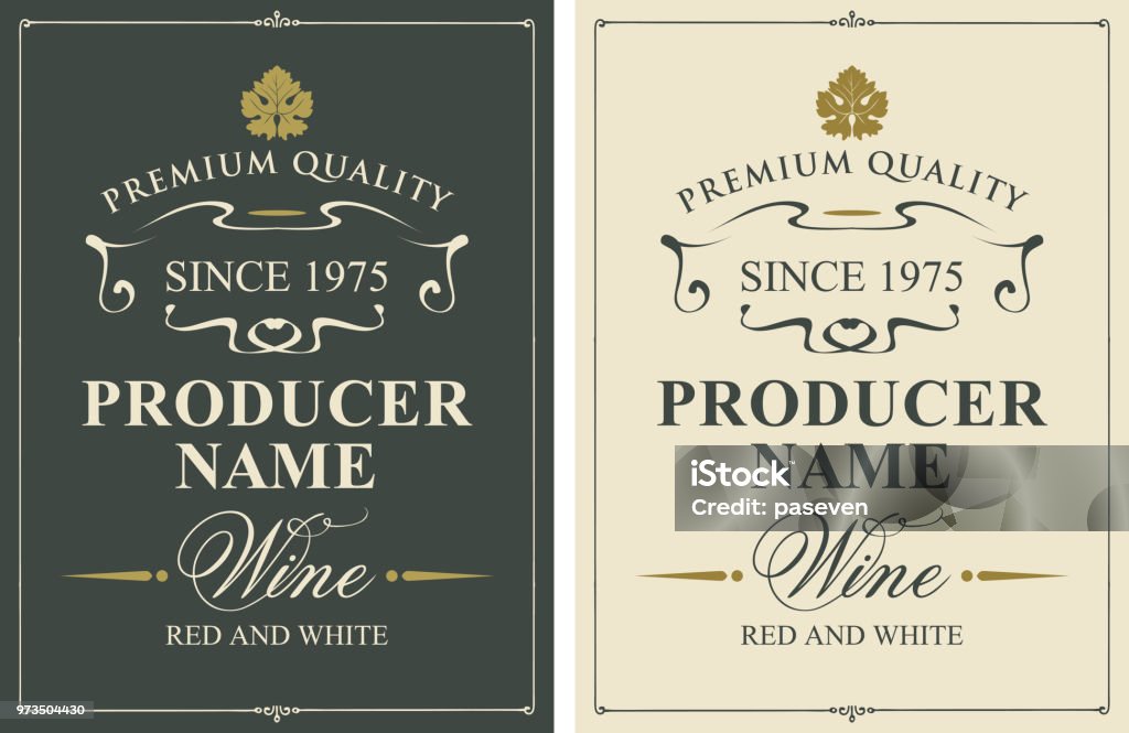 Set of two wine labels with vine leaves Set of two vector wine labels with vine leaves and calligraphic inscriptions in retro style Label stock vector